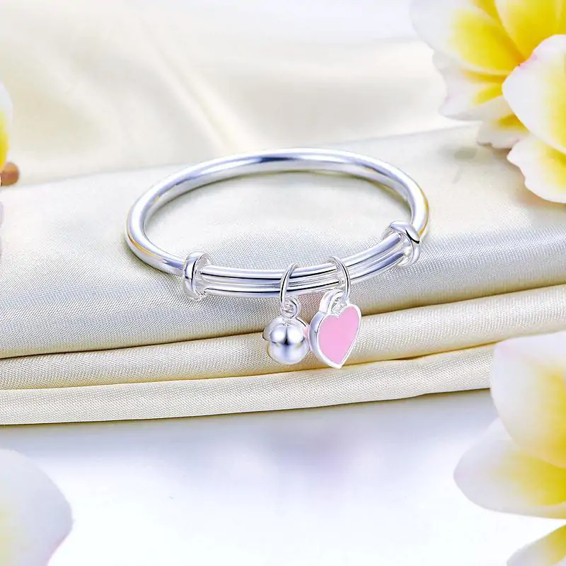 Newborn Baby 999 Silver Pink Heart Baby Bangle - Image 3