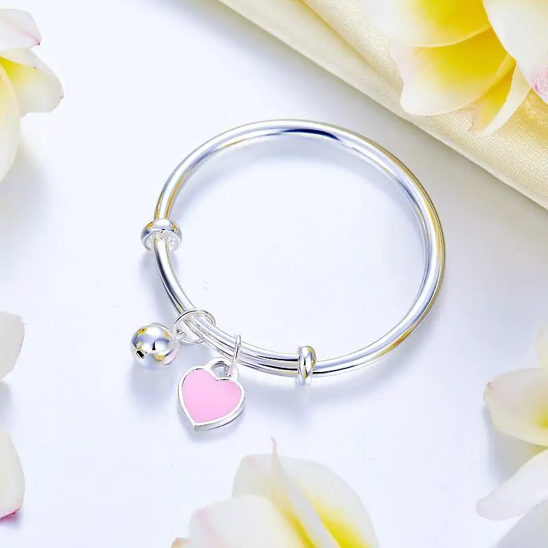 Newborn Baby 999 Silver Pink Heart Baby Bangle - Image 4
