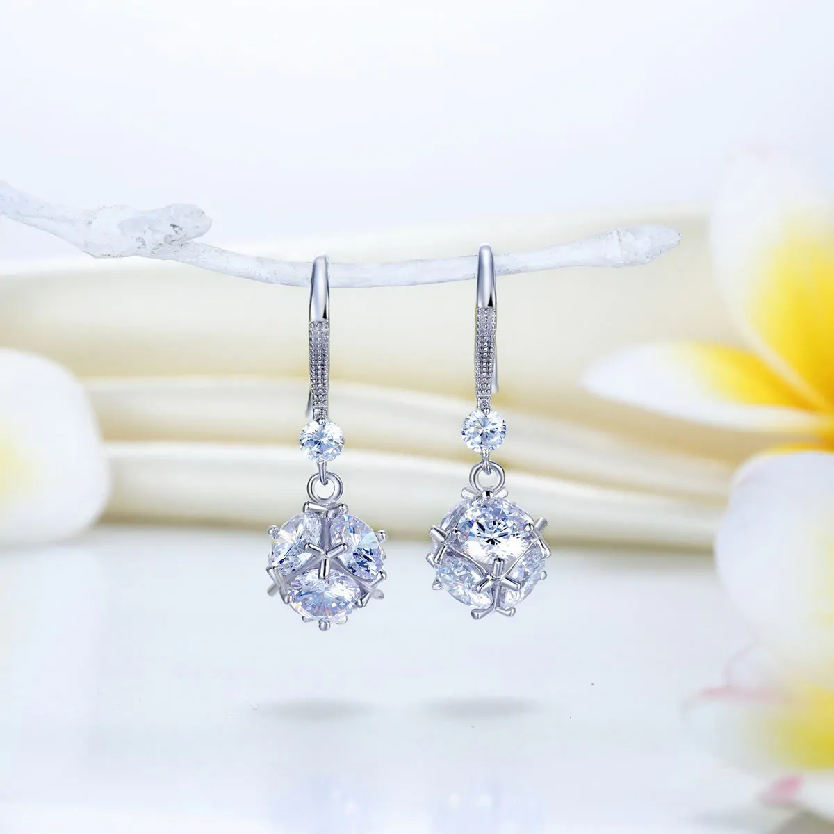 Sterling Silver Earrings Cube Created Diamond - Image 3