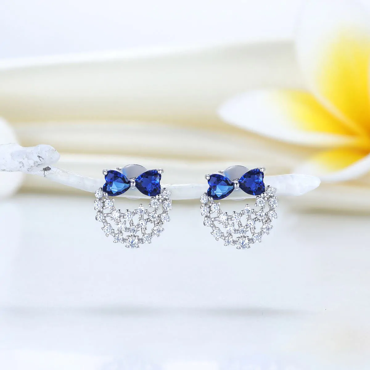 Solid 925 Sterling Silver Stud Earrings Blue Created Diamonds - Image 2