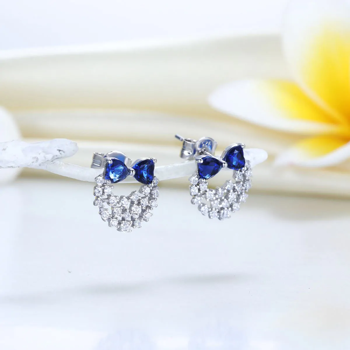 Solid 925 Sterling Silver Stud Earrings Blue Created Diamonds - Image 3