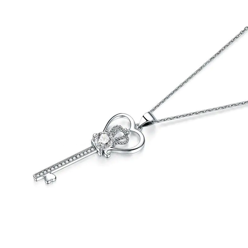 Love Heart Crown Key 925 Sterling Silver Pendant Necklace - Image 2