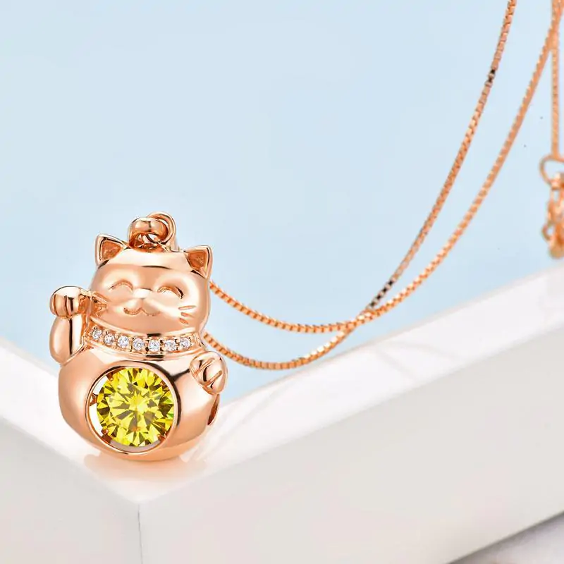 Lucky Cat Dancing Stone Pendant Necklace Rose Gold Plated - Image 2