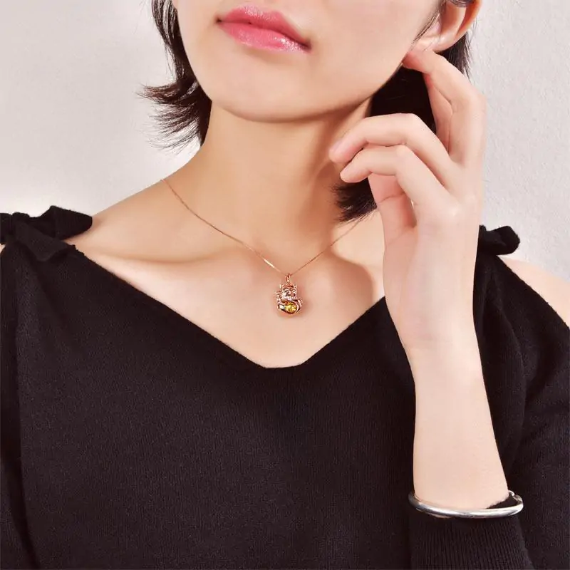 Lucky Cat Dancing Stone Pendant Necklace Rose Gold Plated - Image 3