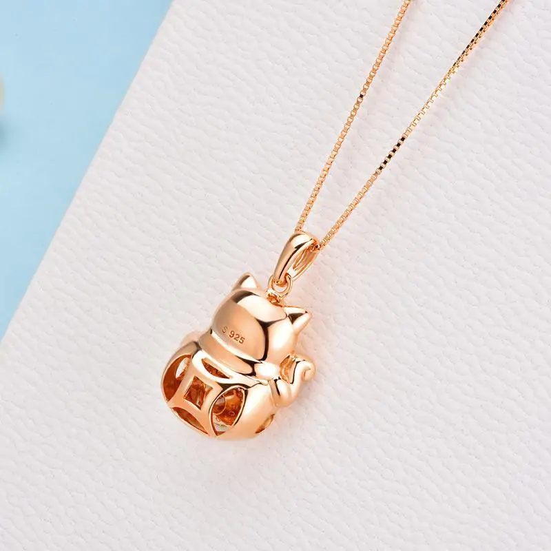 Lucky Cat Dancing Stone Pendant Necklace Rose Gold Plated - Image 5