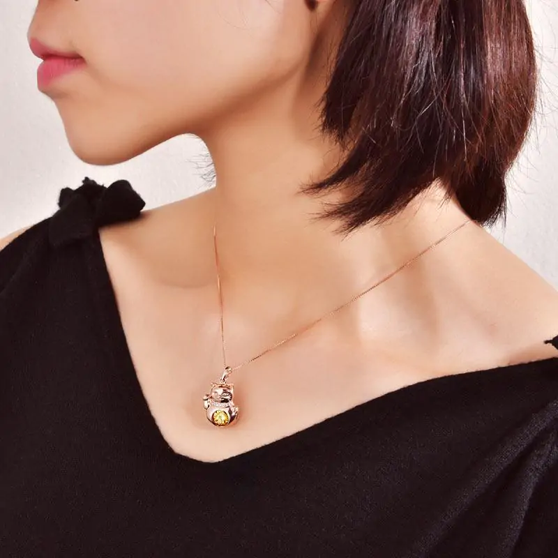 Lucky Cat Dancing Stone Pendant Necklace Rose Gold Plated - Image 6