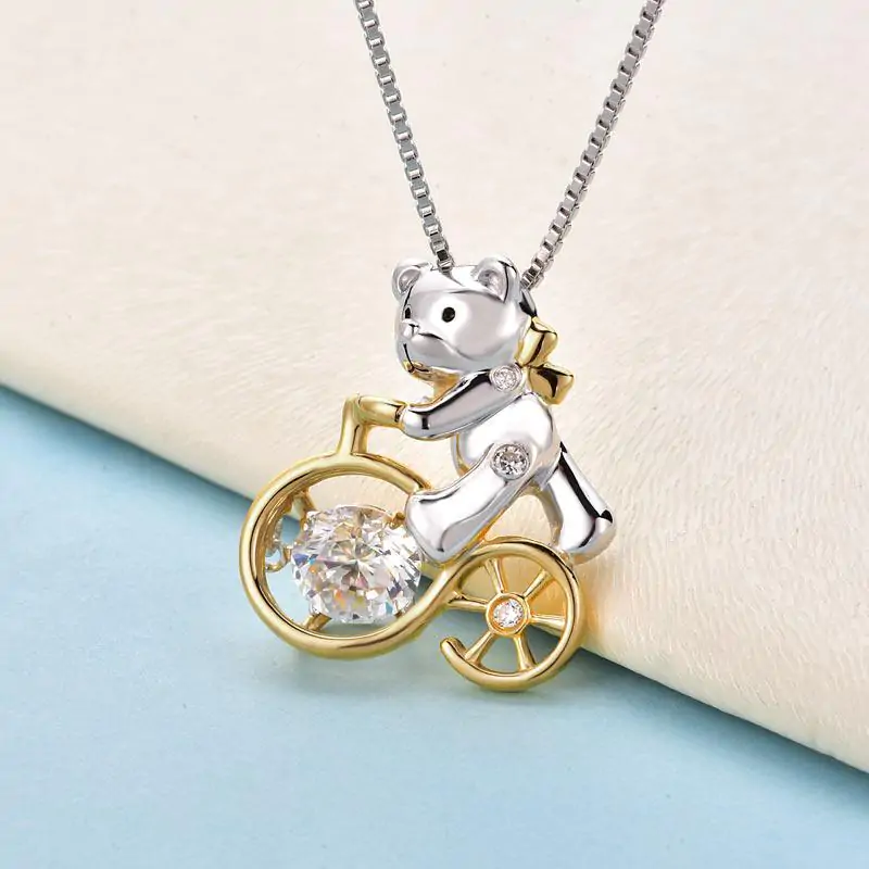 Bear Ride Bicycle Dancing Stone Pendant Necklace - Image 8