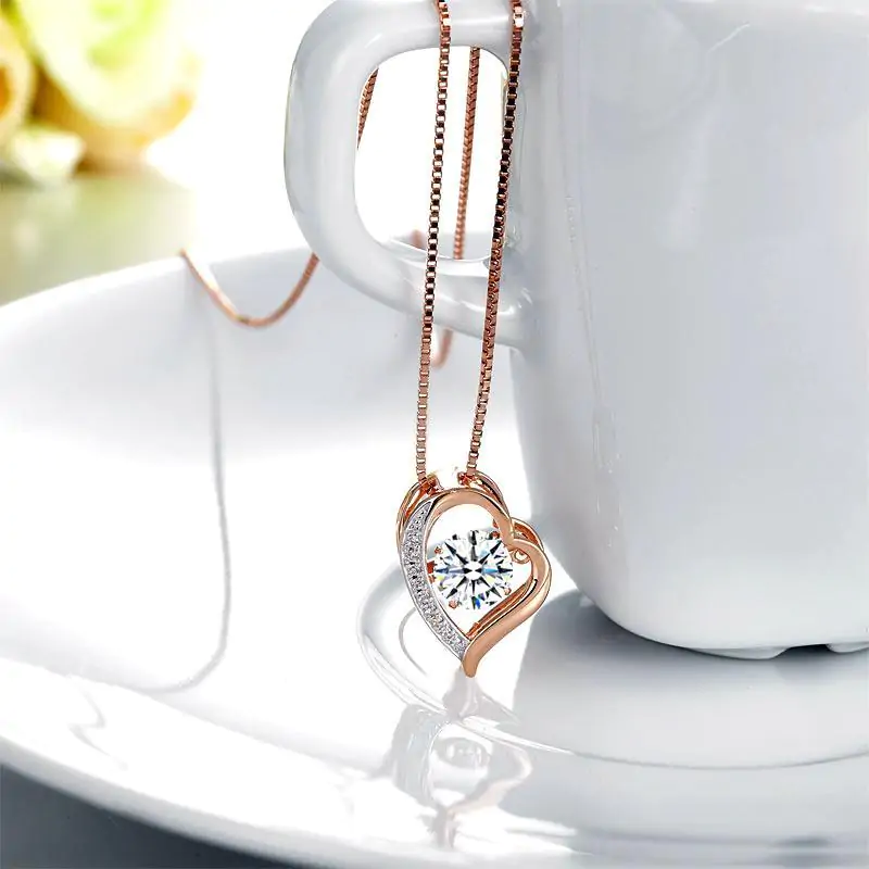 Dancing Stone use Swarovski Zirconia Heart Pendant Necklace Rose Gold Plated - Image 4