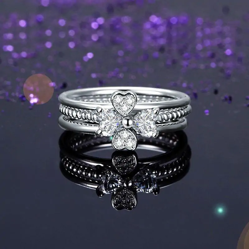 Solid 925 Sterling Silver Ring Set 3-Pcs Heart Love Jewellery - Image 5