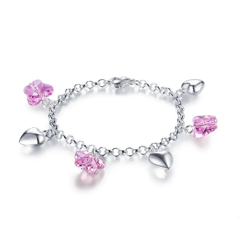Kids Sterling Silver Pink Butterfly Hearts Bracelet - Image 2