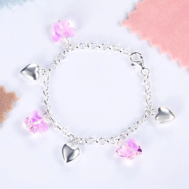 Kids Sterling Silver Pink Butterfly Hearts Bracelet - Image 3