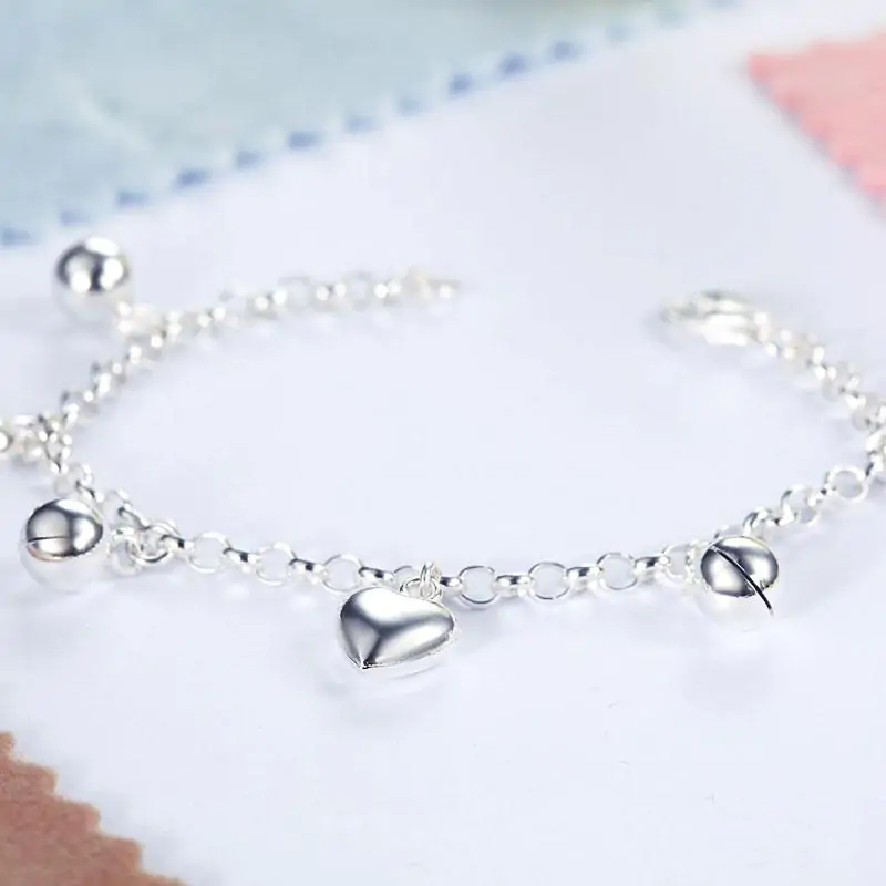 Kids Solid 925 Sterling Silver Dangle Hearts Bracelet - Image 4
