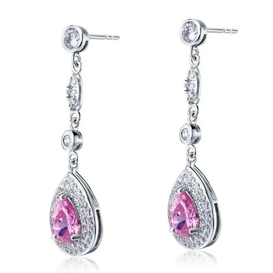 1.5 Carat Pear Cut Pink Created Sapphire Dangle Earrings - Image 4