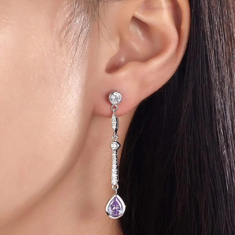Purple Created Sapphire Dangle Earrings - Image 2
