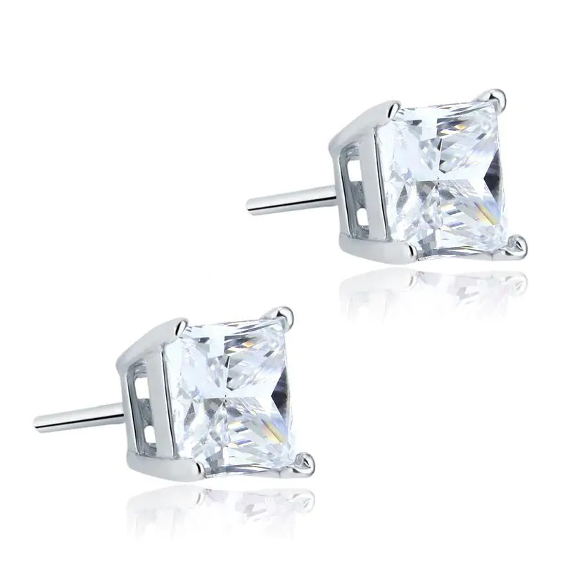 Sterling Silver Stud Earrings 1 Carat Princess Cut Created Diamond - Image 4