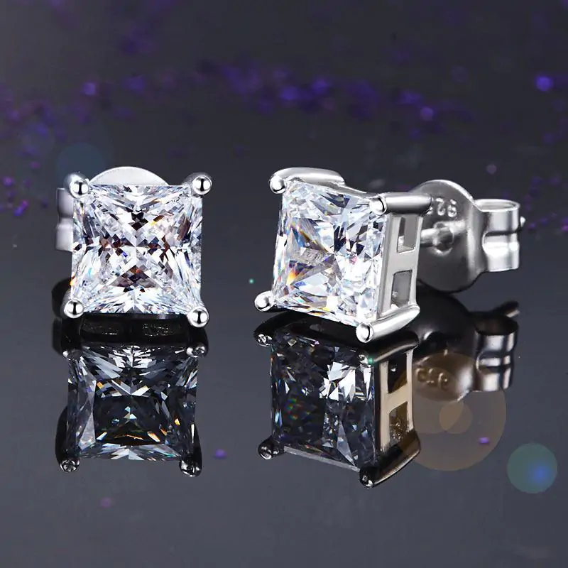 Sterling Silver Stud Earrings 1 Carat Princess Cut Created Diamond - Image 2
