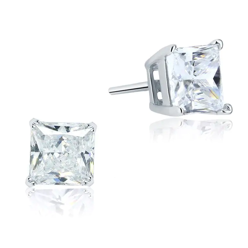 Sterling Silver Stud Earrings 1 Carat Princess Cut Created Diamond
