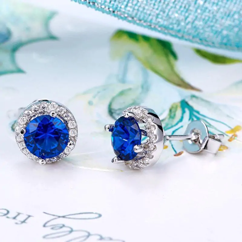 Navy Blue Created Sapphire Stud Earrings - Image 5