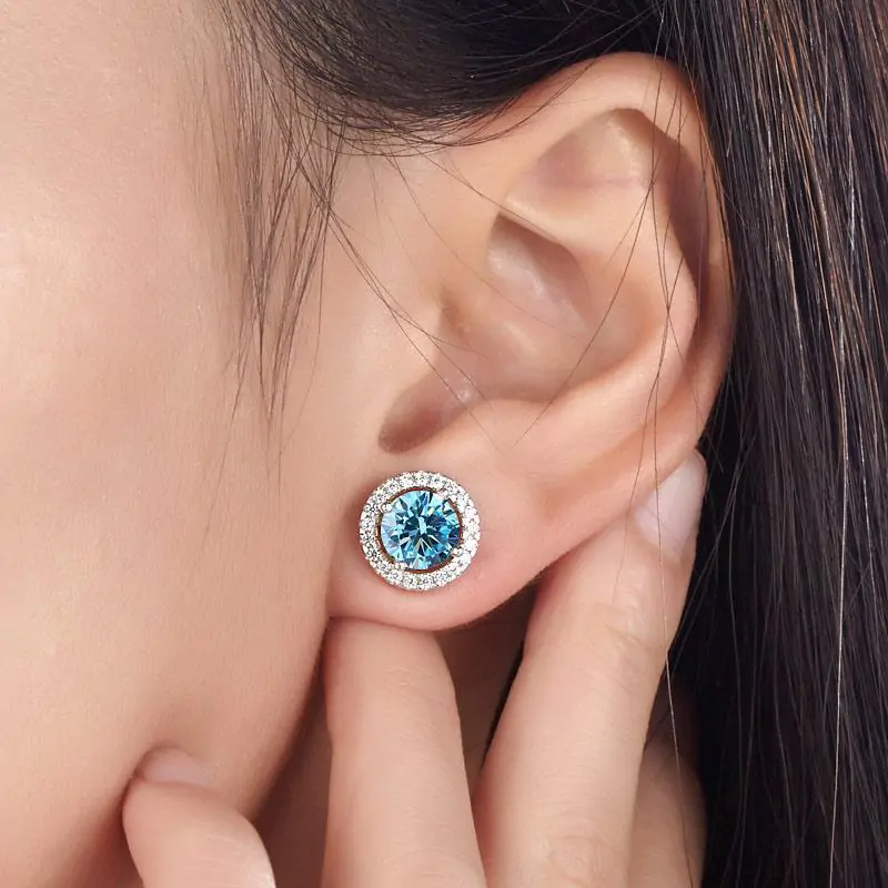 2.5 Carat Round Blue Halo (Removable) Stud Earrings - Image 2