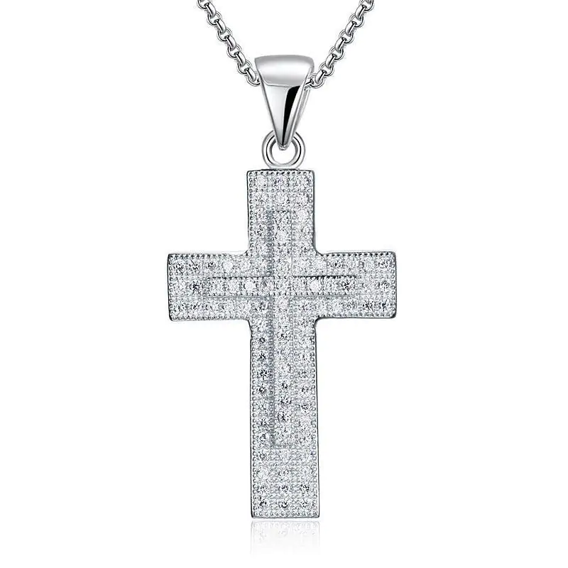 Micro Setting Cubic Zirconia Silver Cross Pendant Necklace - Image 2