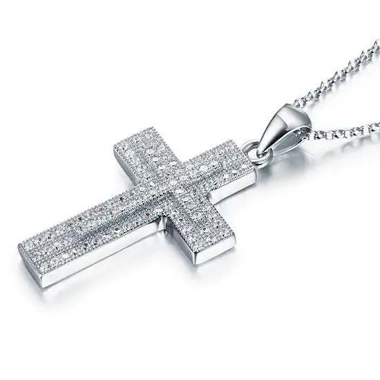 Micro Setting Cubic Zirconia Silver Cross Pendant Necklace - Image 3