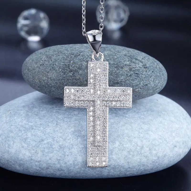 Micro Setting Cubic Zirconia Silver Cross Pendant Necklace - Image 4