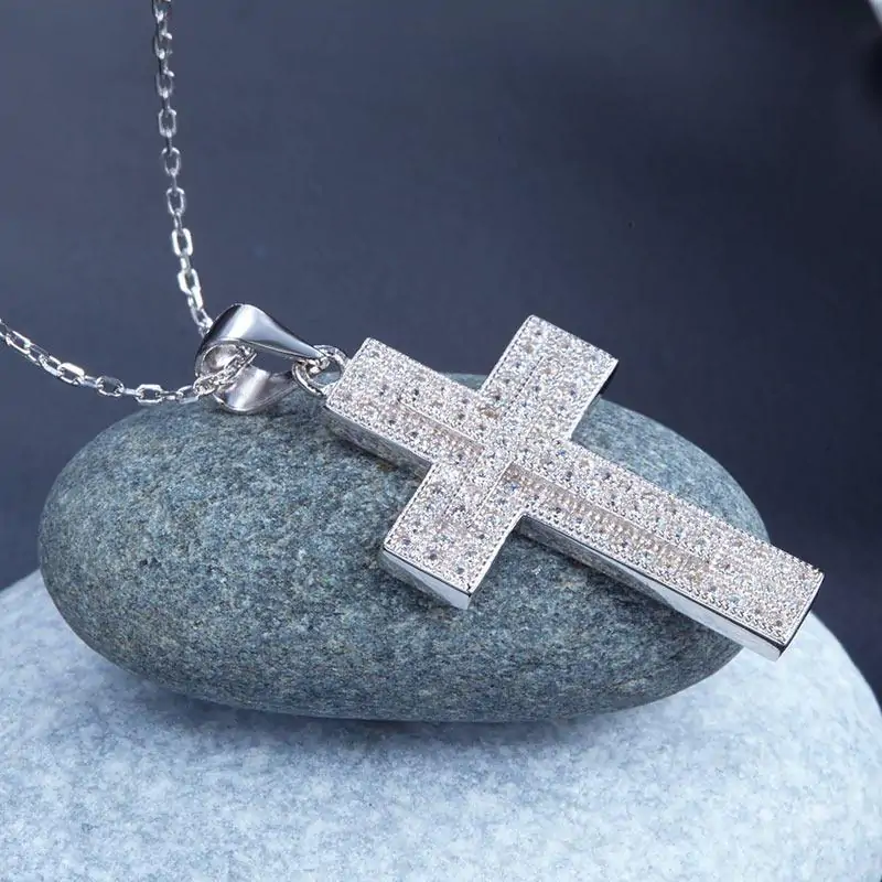 Micro Setting Cubic Zirconia Silver Cross Pendant Necklace - Image 5