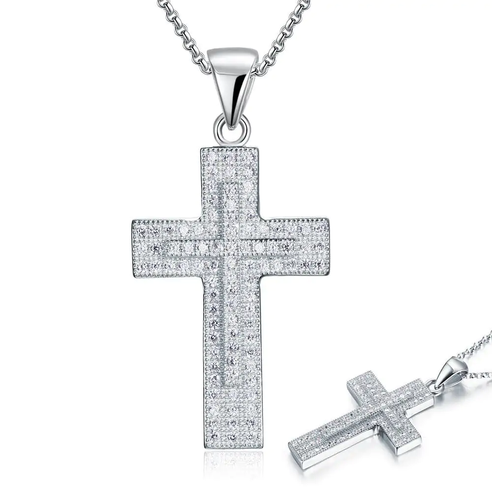 Micro Setting Cubic Zirconia Silver Cross Pendant Necklace