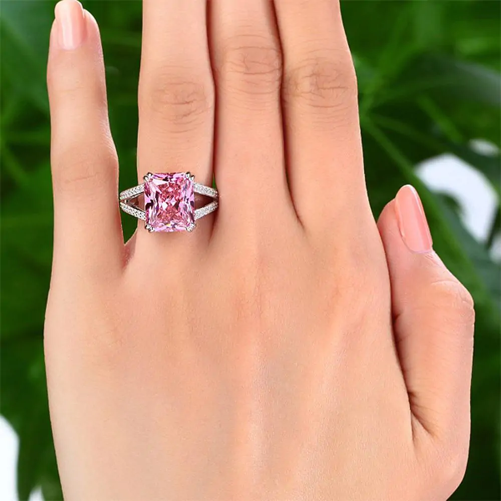 6 Carat Pink Created Diamond Radiant Cut Ring - Image 6