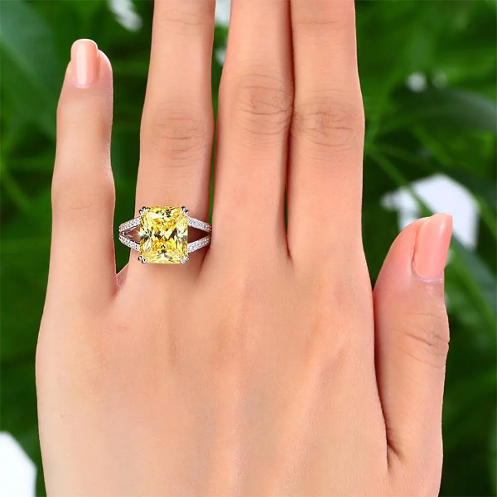 6 Carat Yellow Created Diamond Radiant Cut Ring - Image 6