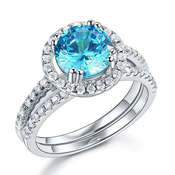 Halo Ring Set 2 Carat Blue Created Diamond - Image 3