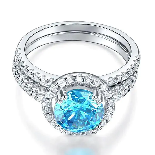 Halo Ring Set 2 Carat Blue Created Diamond - Image 2
