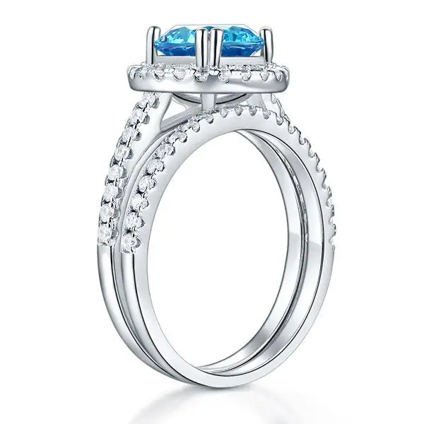 Halo Ring Set 2 Carat Blue Created Diamond - Image 4