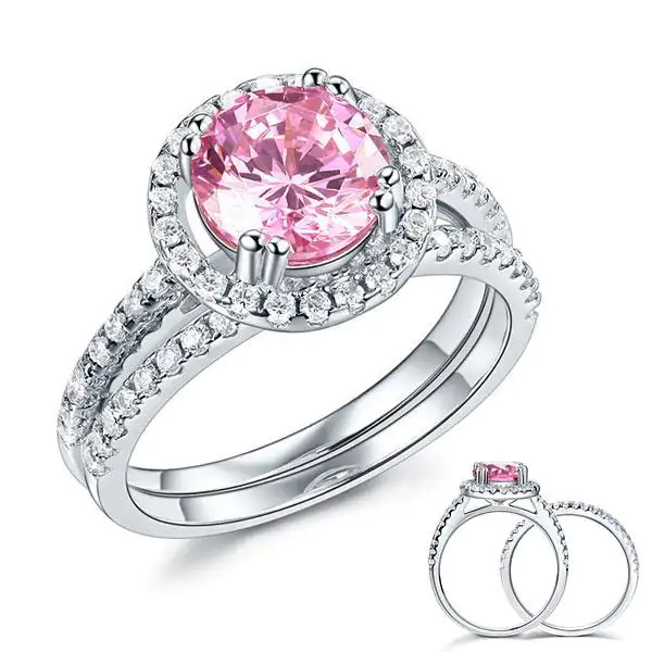 Halo 2 Carat Pink Created Diamond Ring Set