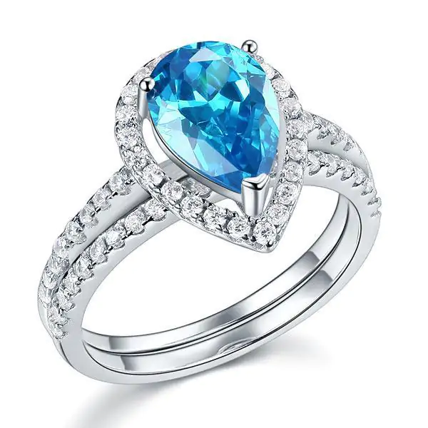 2 Carat Pear Blue Created Diamond Ring Set - Image 5