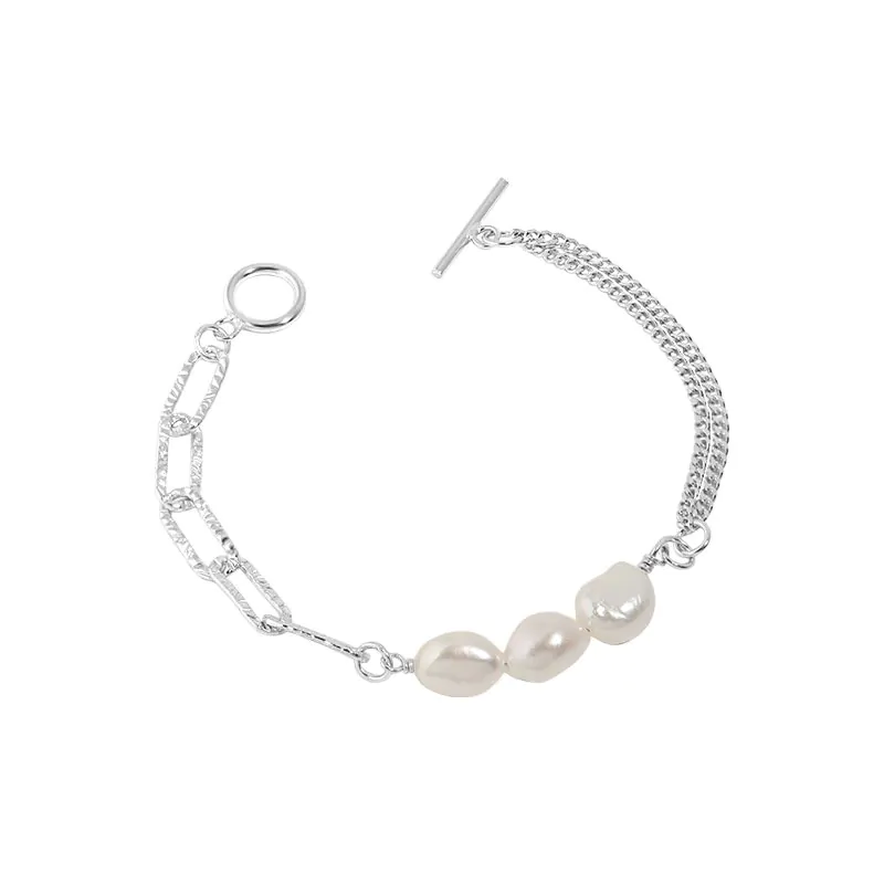 Asymmetric Hollow Chain Baroque Natural Pearl 925 Sterling Silver Bracelet - Image 2