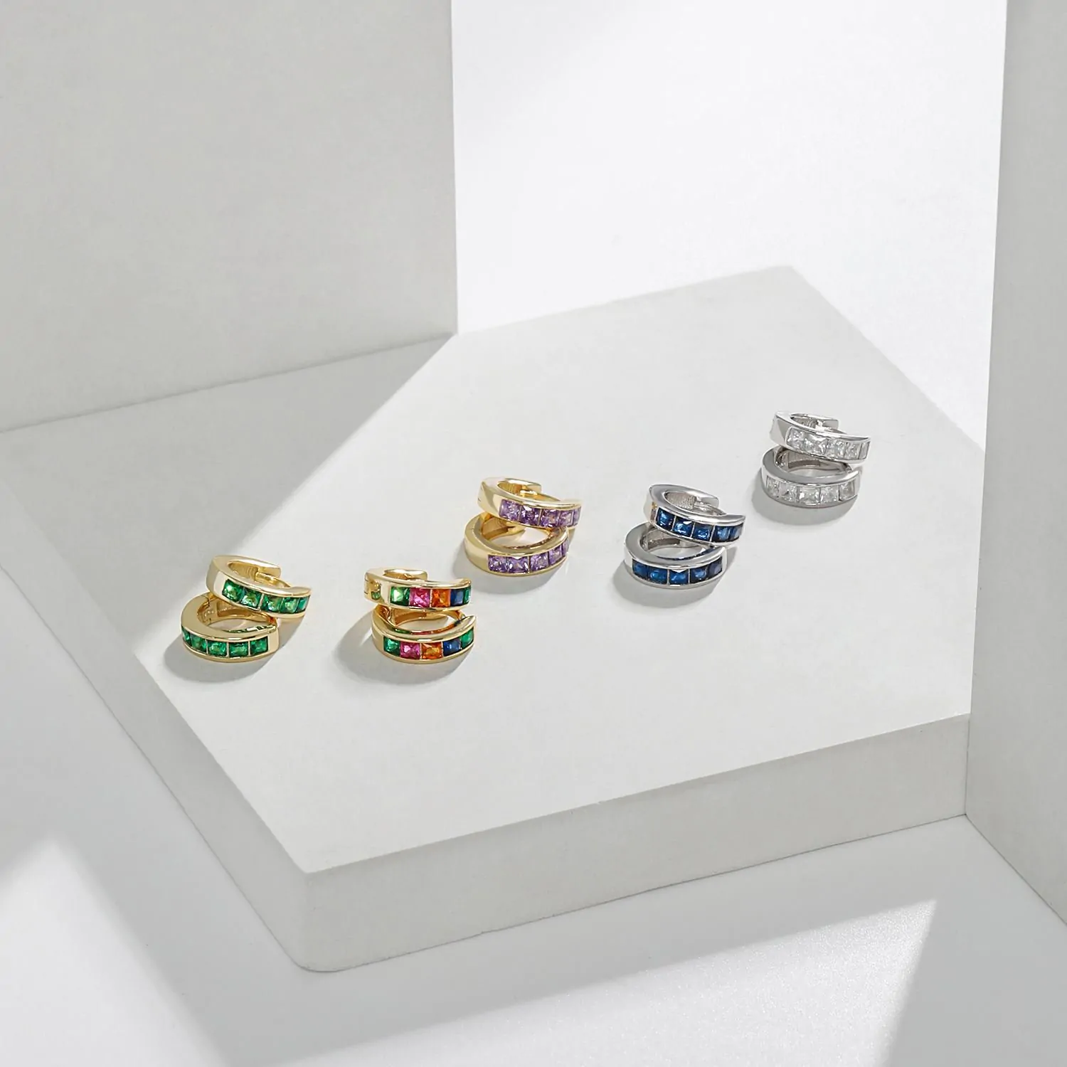 Geometric Colourful CZ 925 Sterling Silver Hoop Earrings - Image 3