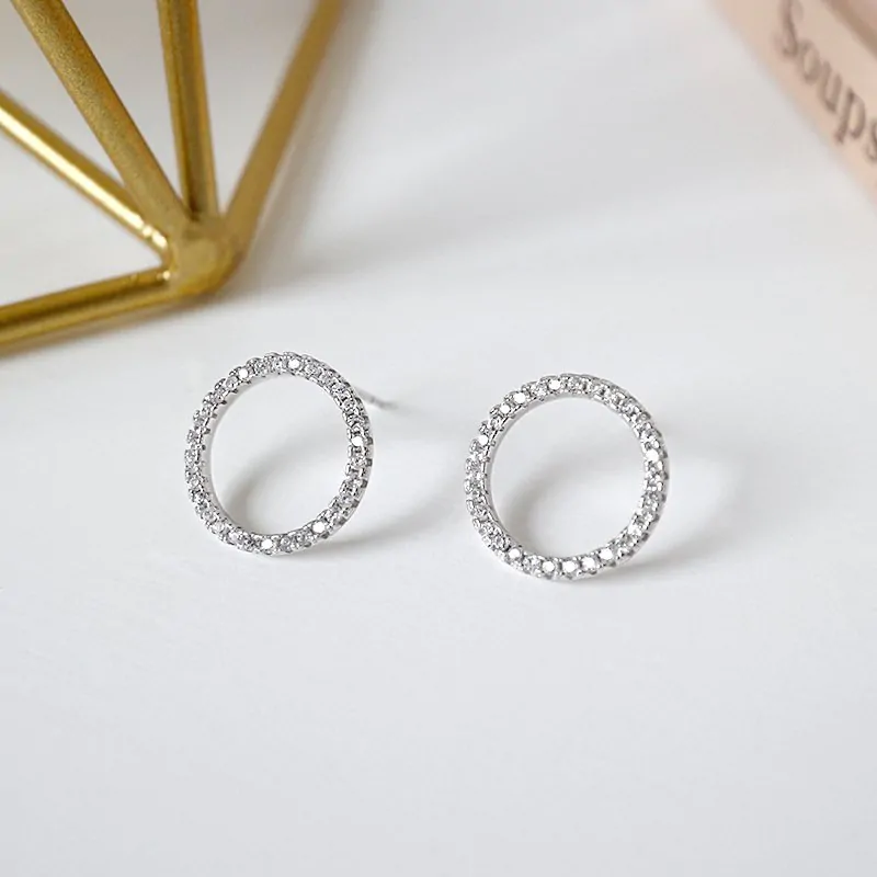 Classic Geometric Hollow CZ Circle 925 Sterling Silver Stud Earrings - Image 4