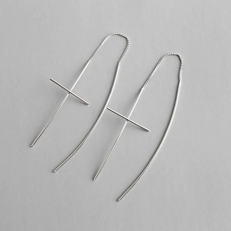 Line Cross 925 Sterling Silver Thread Dangling Earrings - Image 5