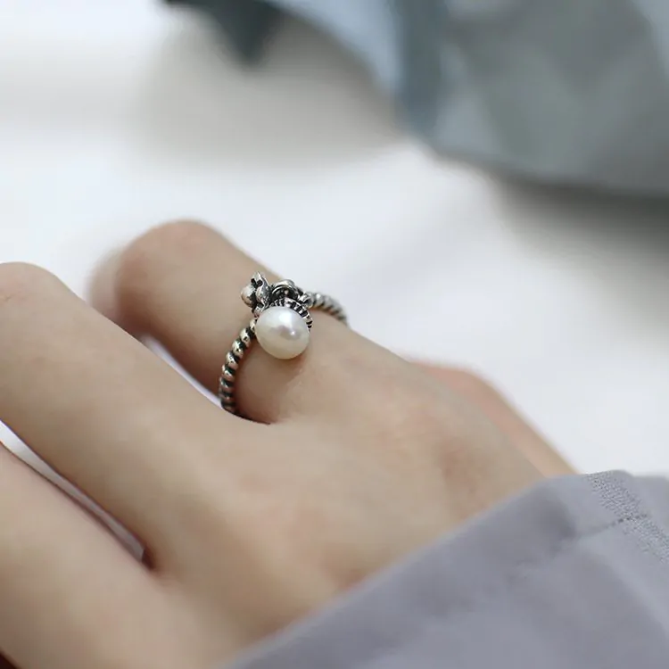 Vintage Natural Pearl Flower Twisted 925 Sterling Silver Adjustable Ring - Image 3