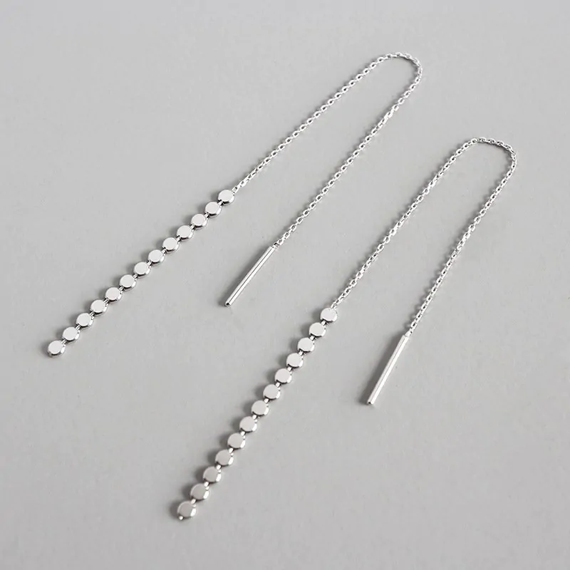 Elegant Flat Beads Tassels 925 Sterling Silver Thread Dangling Earrings - Image 5