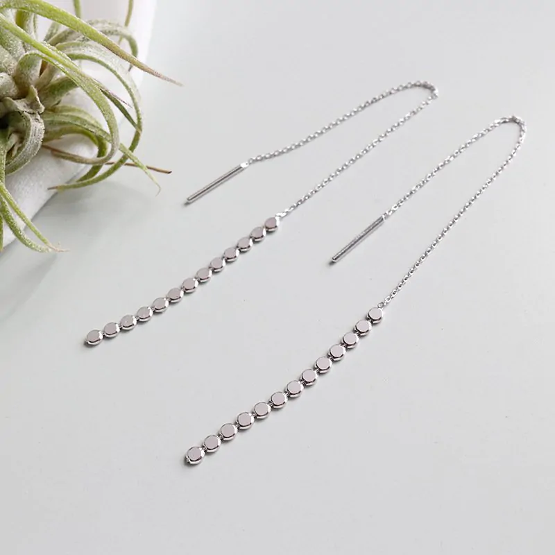 Elegant Flat Beads Tassels 925 Sterling Silver Thread Dangling Earrings - Image 2
