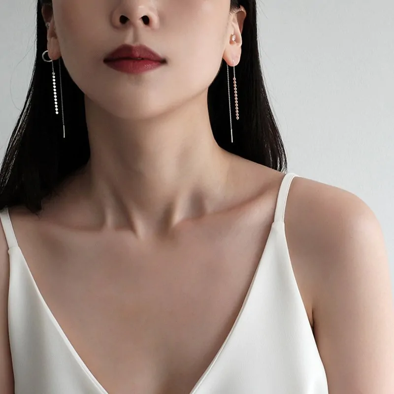 Elegant Flat Beads Tassels 925 Sterling Silver Thread Dangling Earrings - Image 4