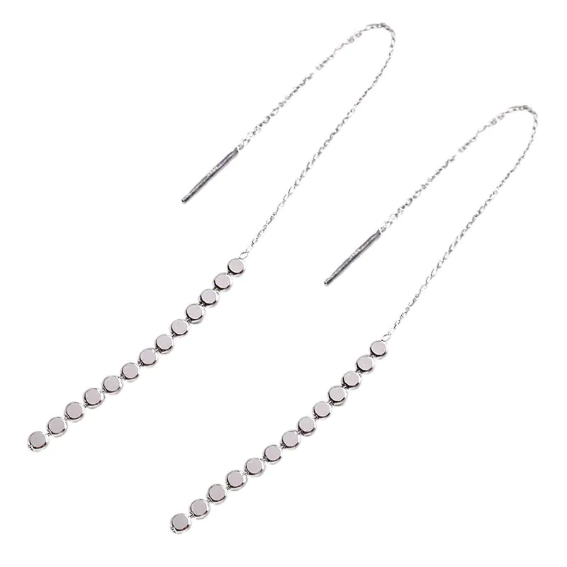 Elegant Flat Beads Tassels 925 Sterling Silver Thread Dangling Earrings