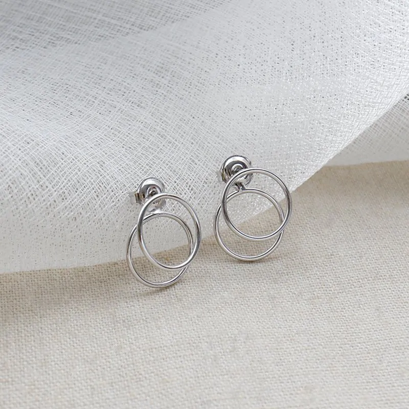Geometric Two Circles 925 Sterling Silver Stud Earrings - Image 2