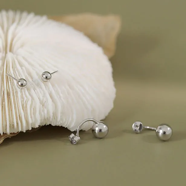 Classic Round Beads 925 Sterling Silver Stud Earrings - Image 2