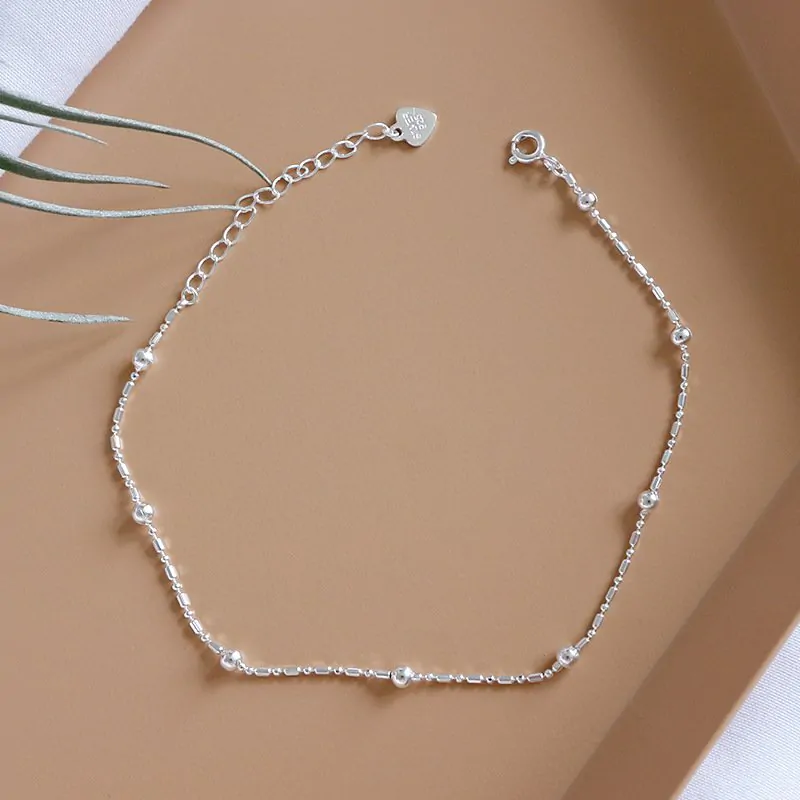 Simple Tube Ball Chain 925 Sterling Silver Anklet - Image 2
