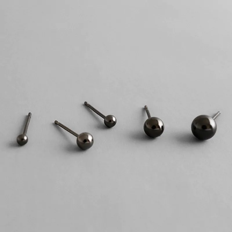 Black Round Bean 925 Sterling Silver Stud Earrings - Image 5