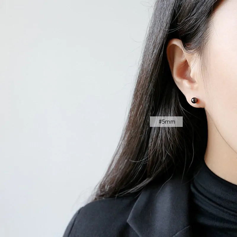 Black Round Bean 925 Sterling Silver Stud Earrings - Image 4