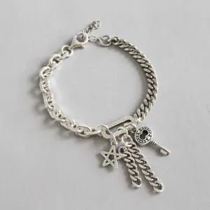 Curb Chain Hollow Star Key Tassels 925 Sterling Silver Bracelet